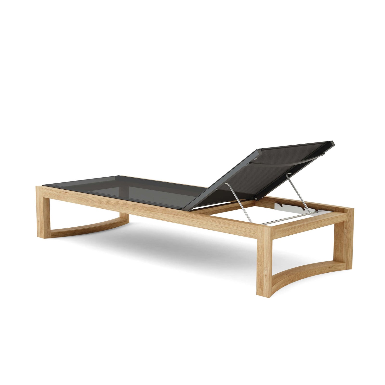 Modern lounge chair with black cushion and wooden frame on a white background