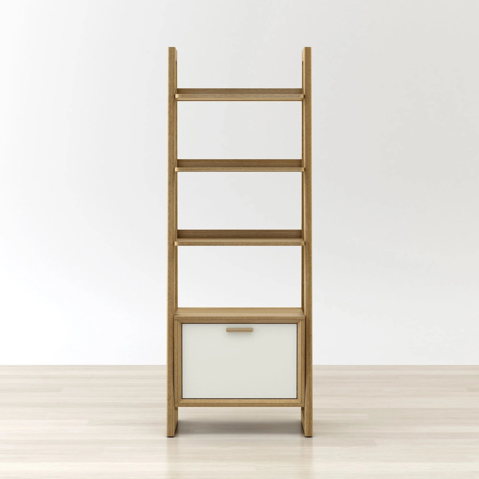 Wooden ladder shelf with a white drawer on a light wooden floor and white wall background