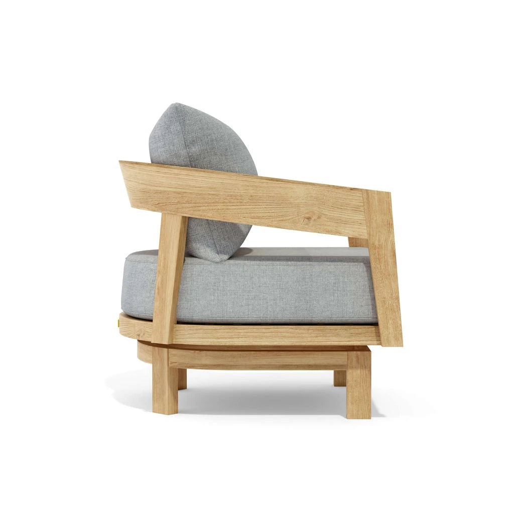 Wooden armchair with gray cushions on a white background
