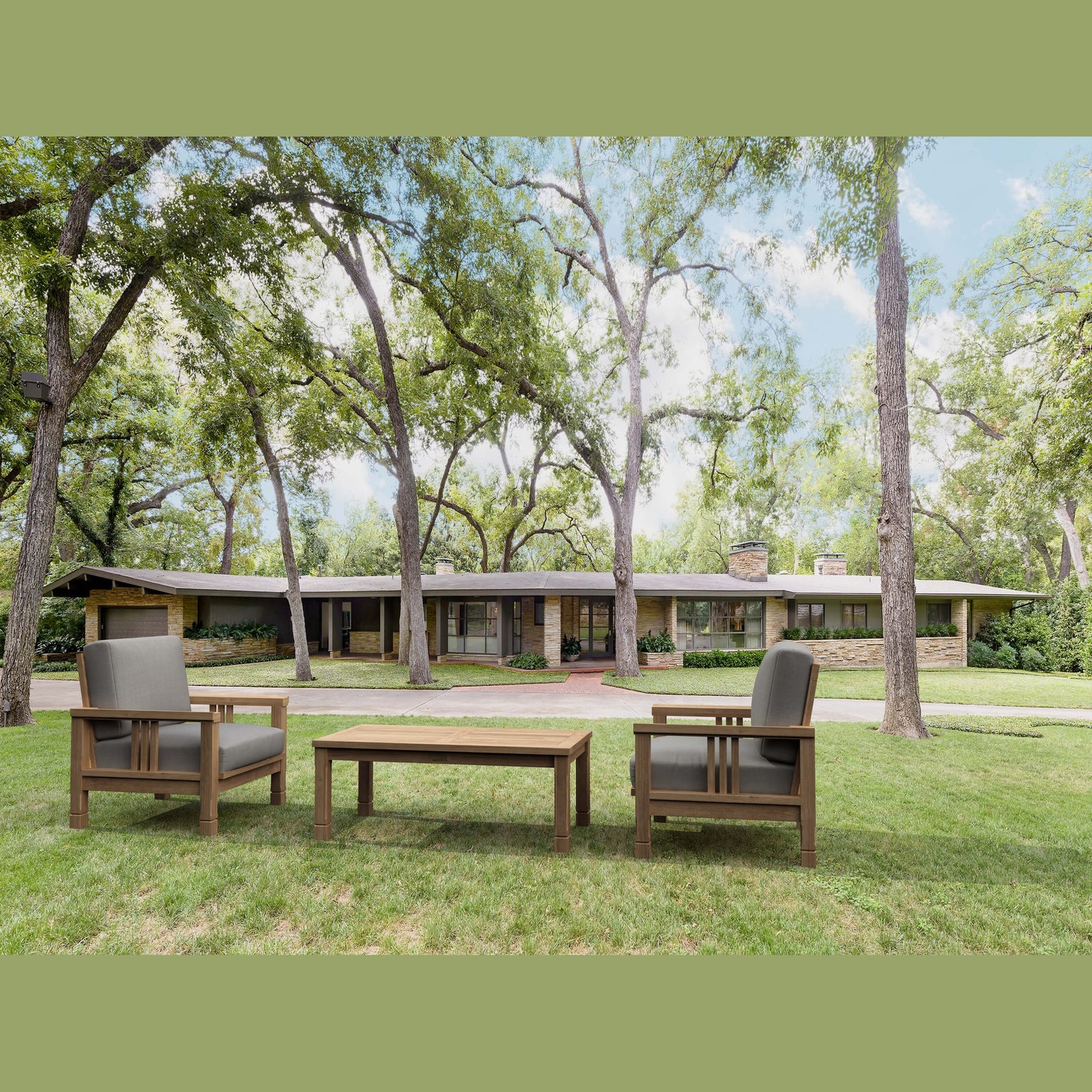 Outdoor furniture set on a grassy area with trees in the background
