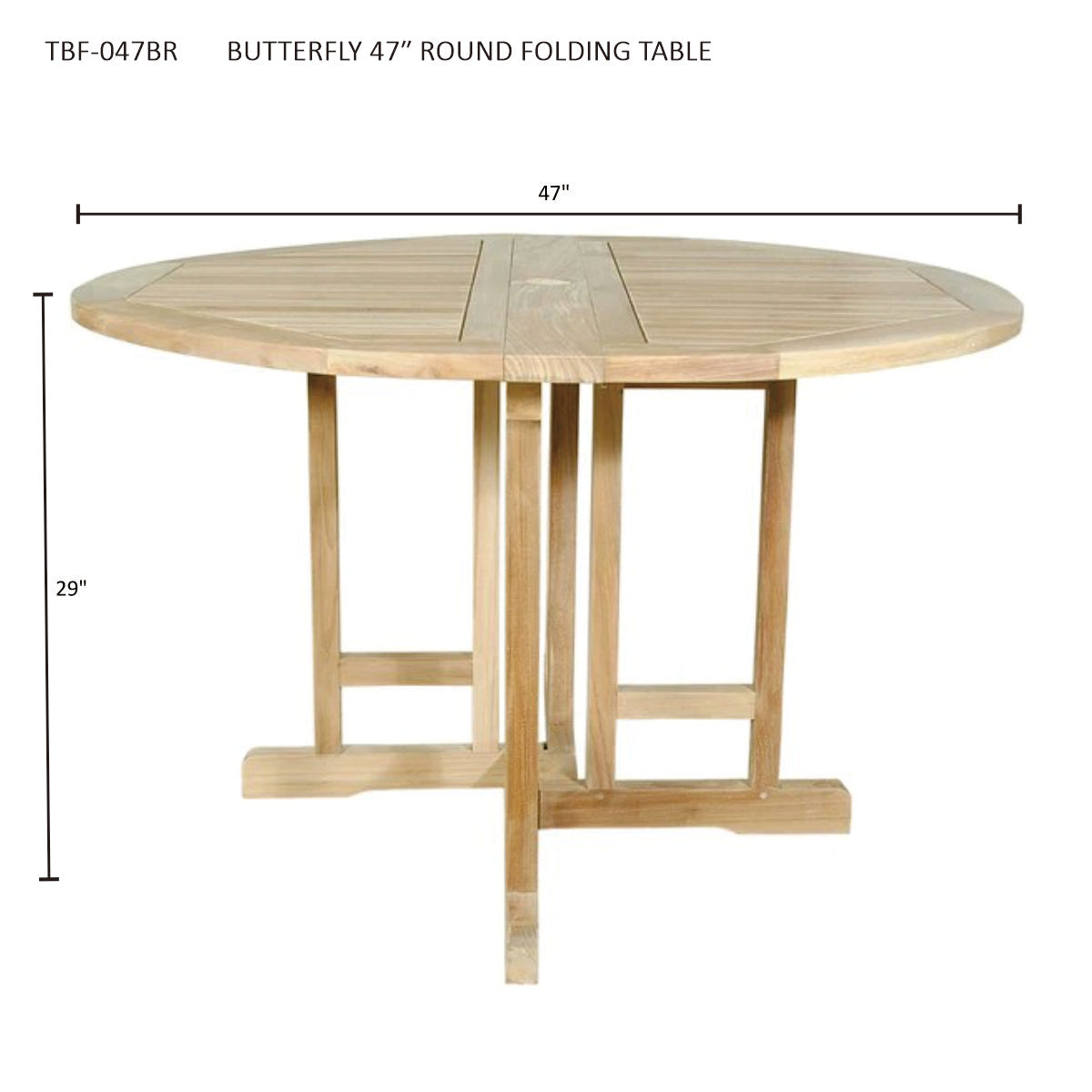 Round folding table with dimensions on a white background