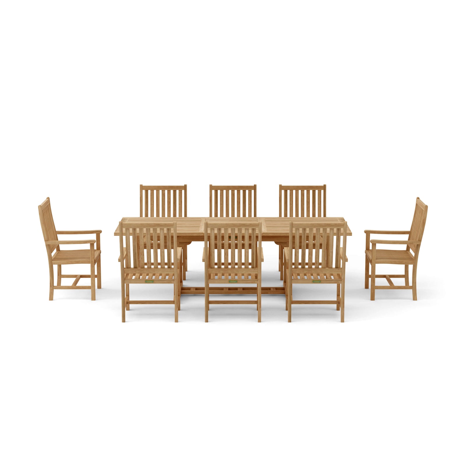 Wooden dining set with a table and six chairs on a white background