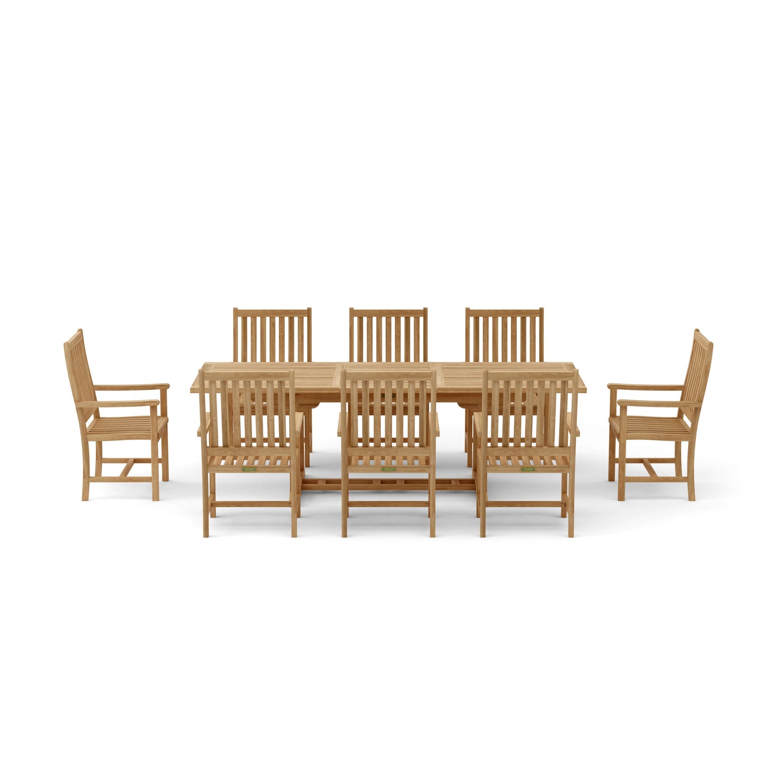 Wooden dining set with a table and six chairs on a white background