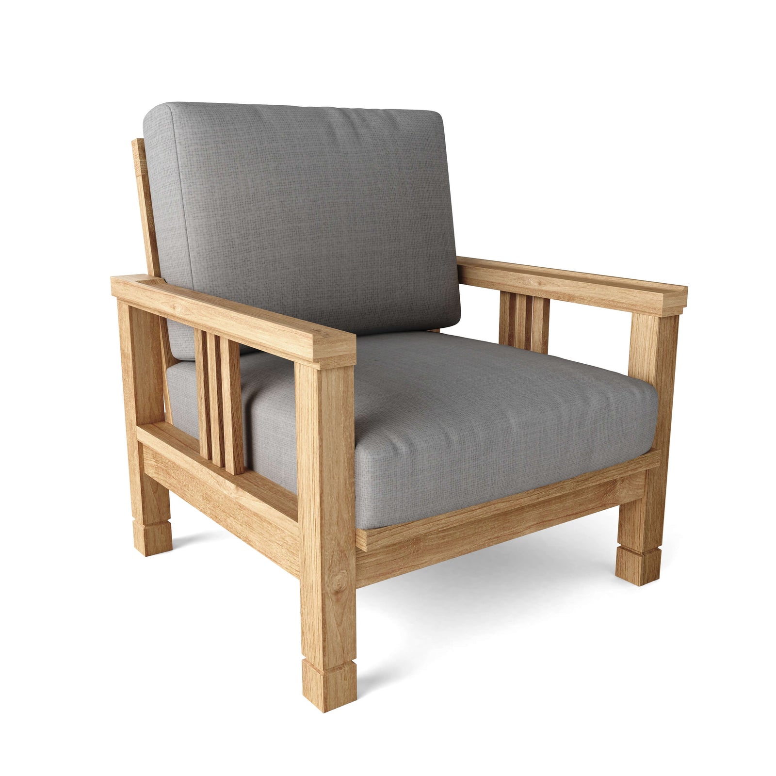 Wooden armchair with gray cushions on a white background