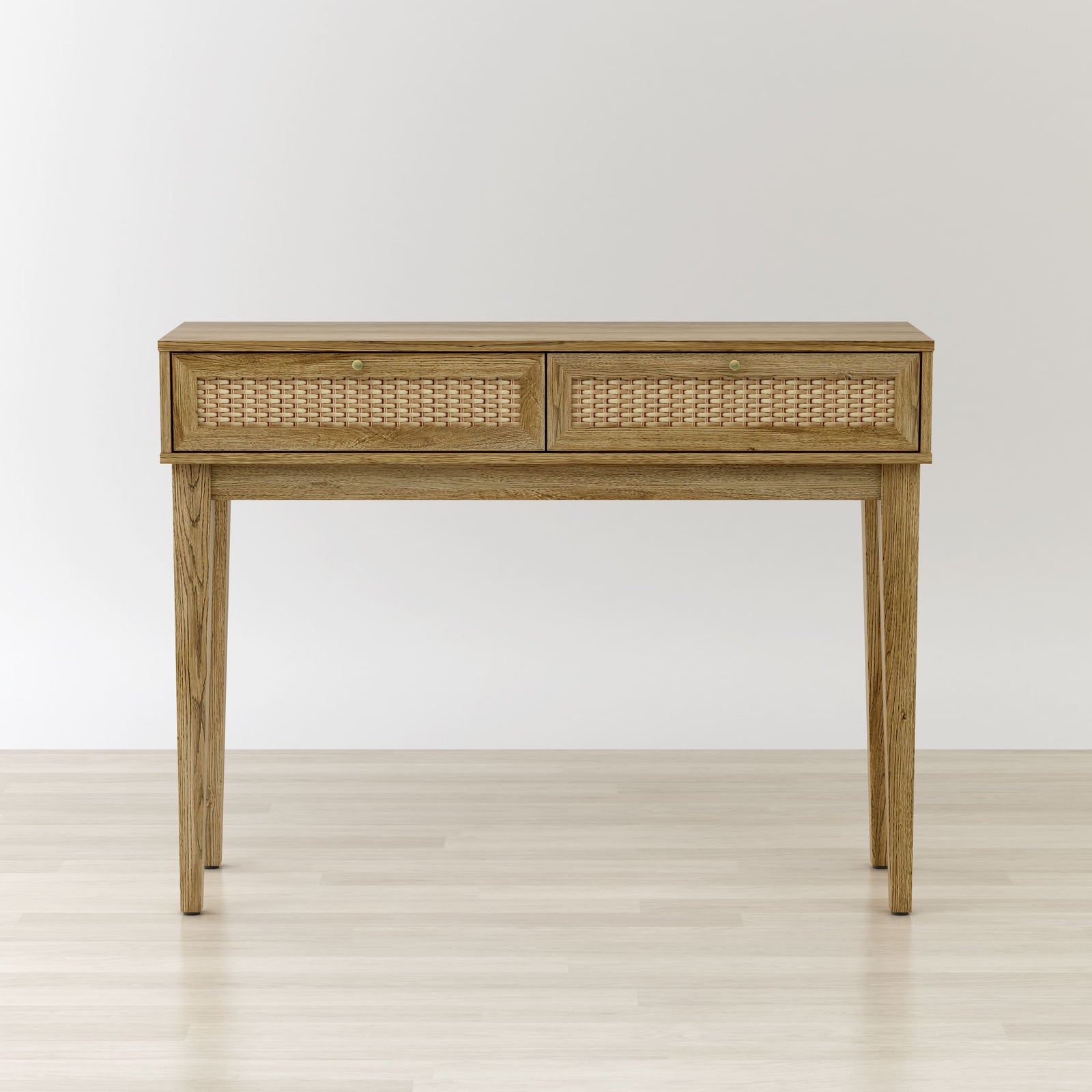 Wooden console table with wicker drawers on a white background