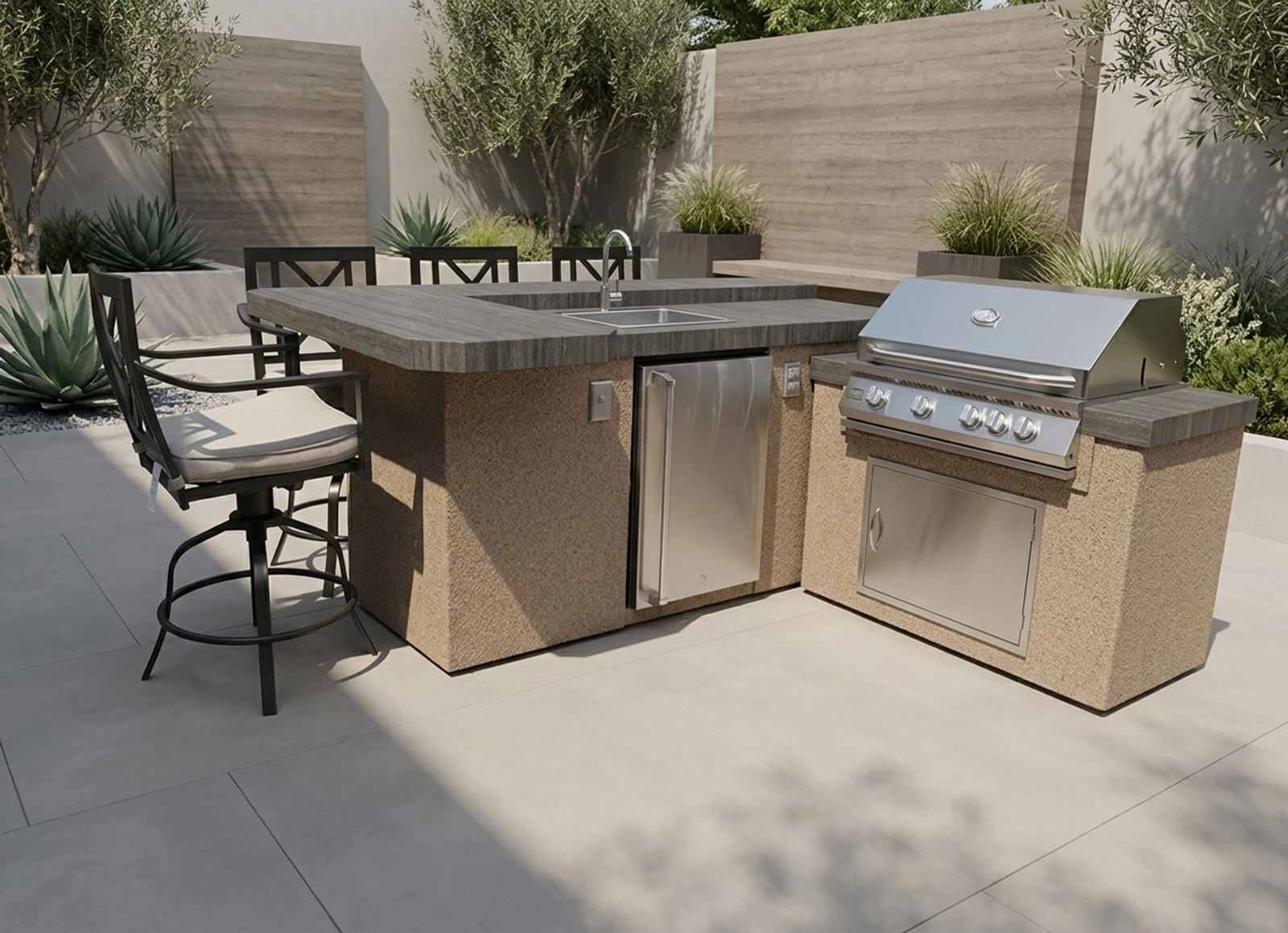 KoKoMo Grills 7 Foot L-Shape BBQ Island With Bar Seating, Built-in BBQ Grill