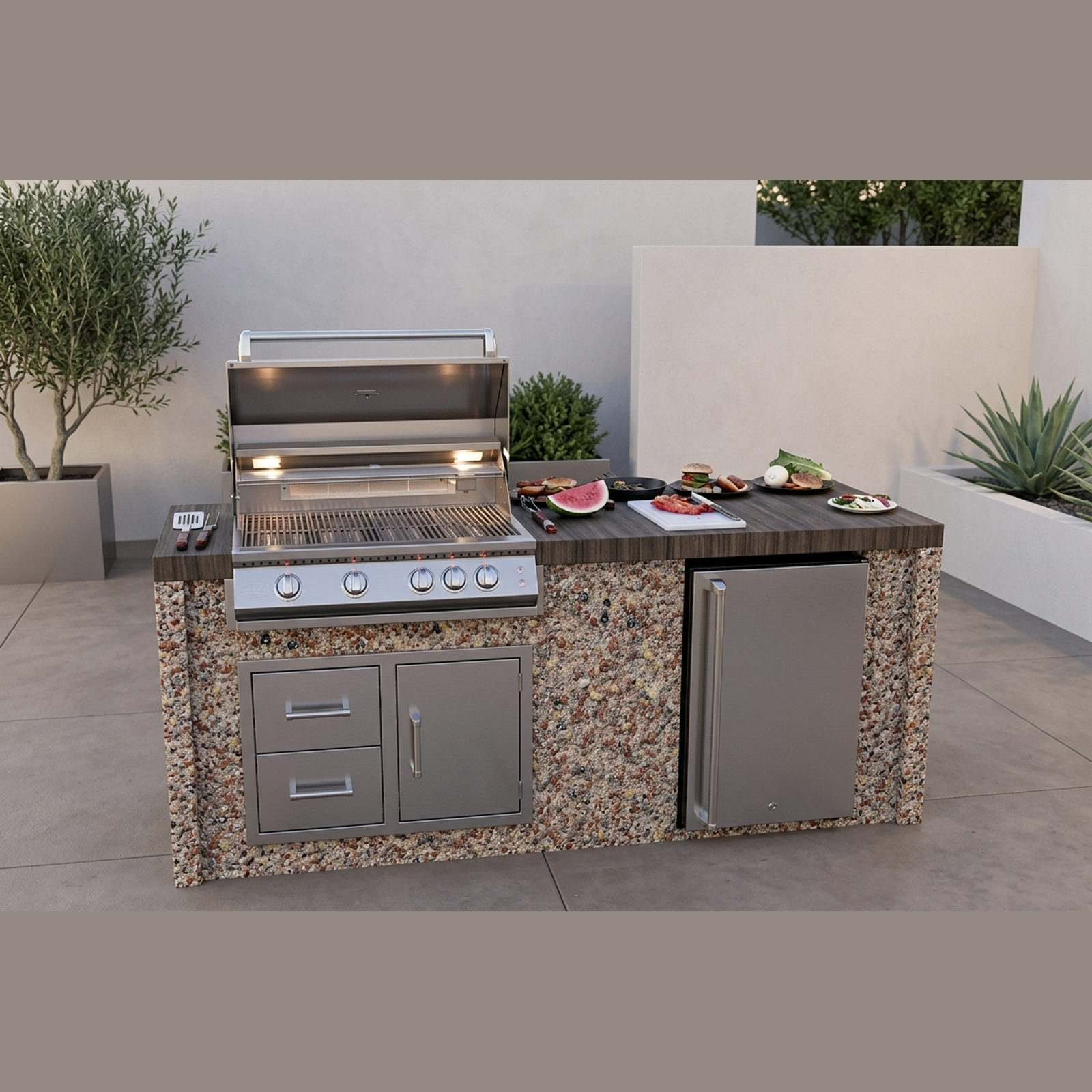 Kokomo Grills 7 Ft Outdoor Kitchen Grill Fridge Shiplap Waterfall Edge Countertops - full front view