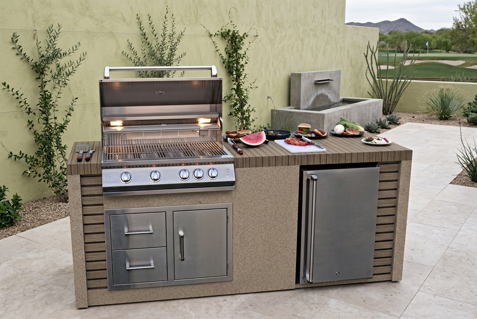 Kokomo Grills 7 Foot Outdoor Kitchen with Grill, Fridge, Shiplap and Waterfall Edge Countertops