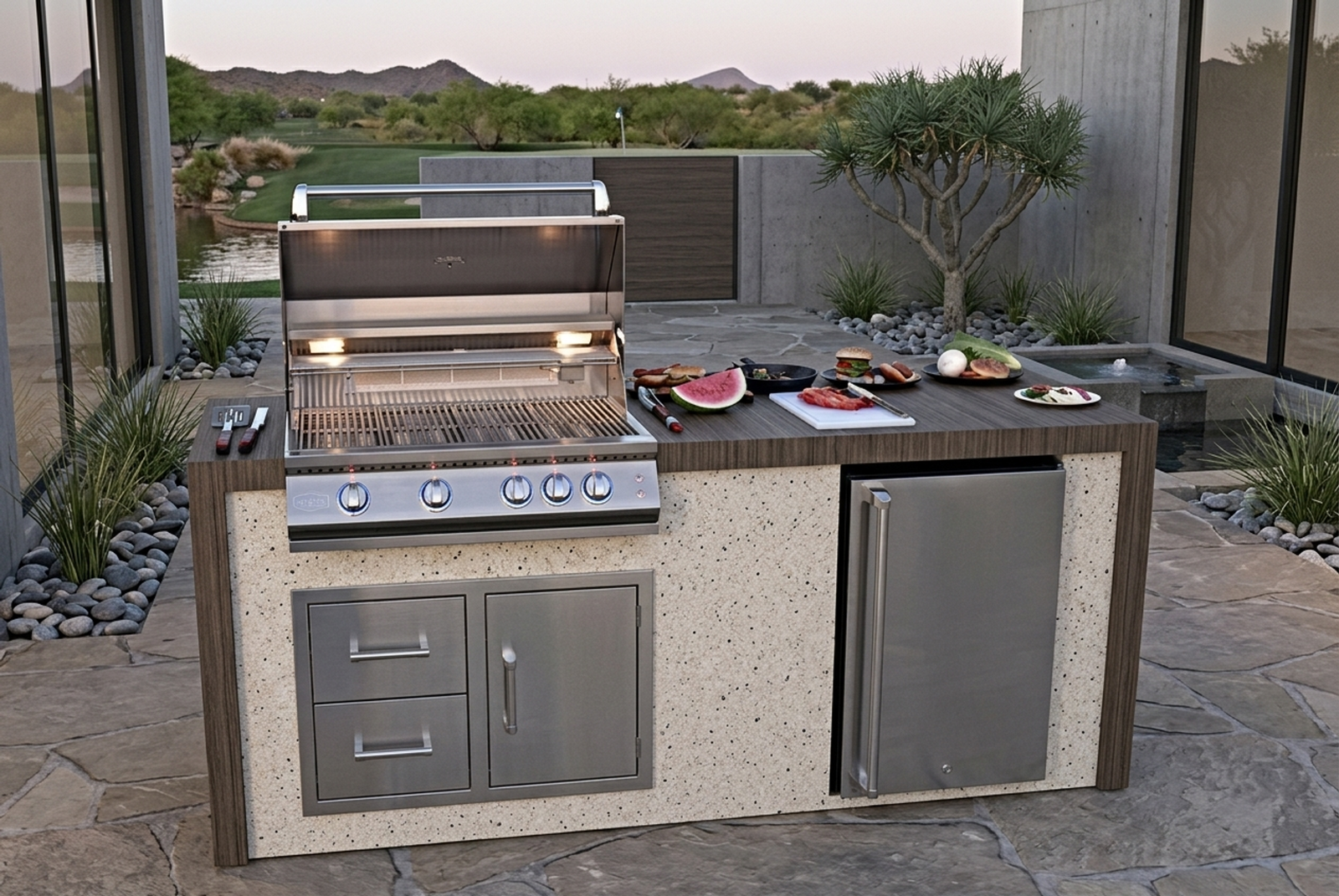 Kokomo Grills 7 Foot Outdoor Kitchen with Grill, Fridge, Shiplap and Waterfall Edge Countertops