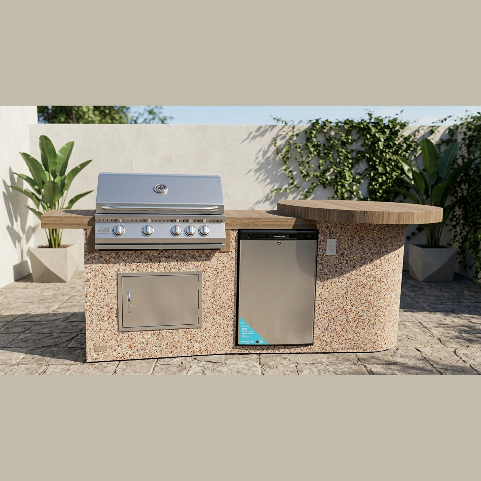 KoKoMo Grills 9 Ft Round Bar BBQ Island Built-in Grill - Ameristone Stucco River Rock finish