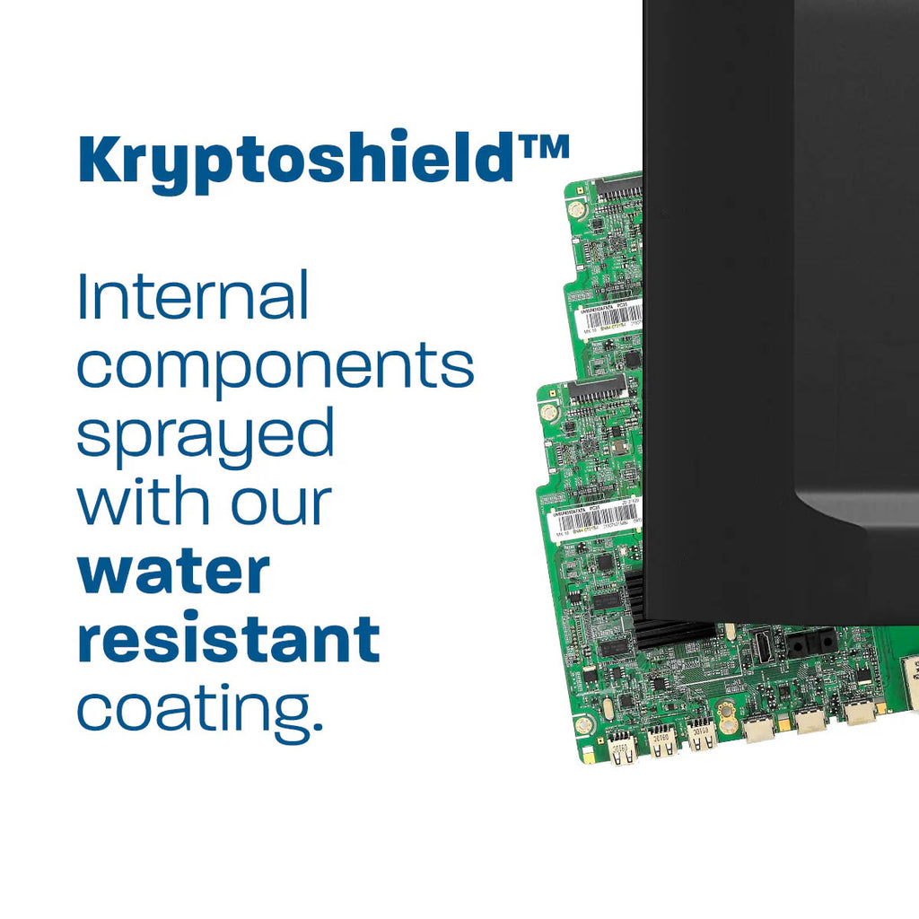 Kryptoshield water-resistant coating on electronic components with text overlay