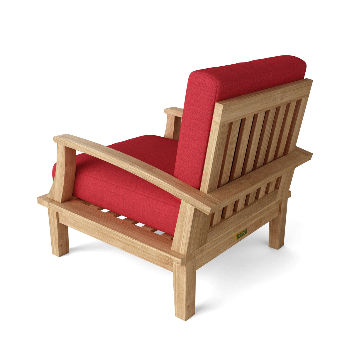 Anderson Teak Brianna Deep Seating Armchair - side view of teak outdoor chair with cushion