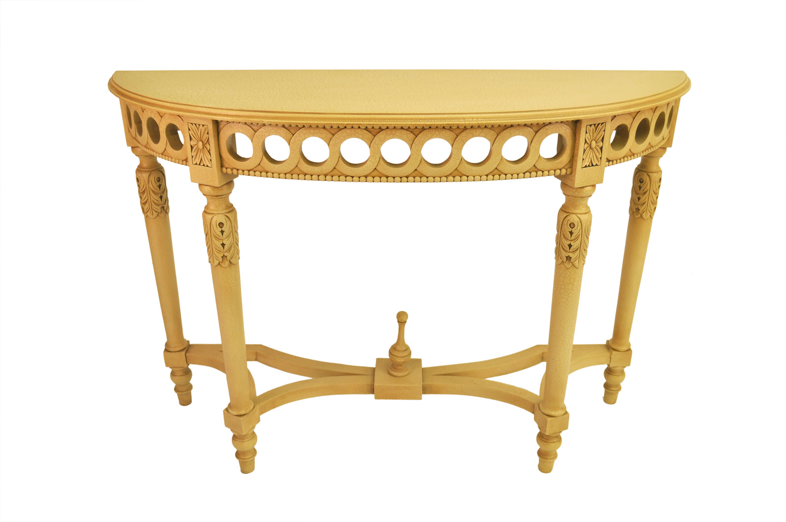 Decorative yellow console table with intricate carvings on a white background