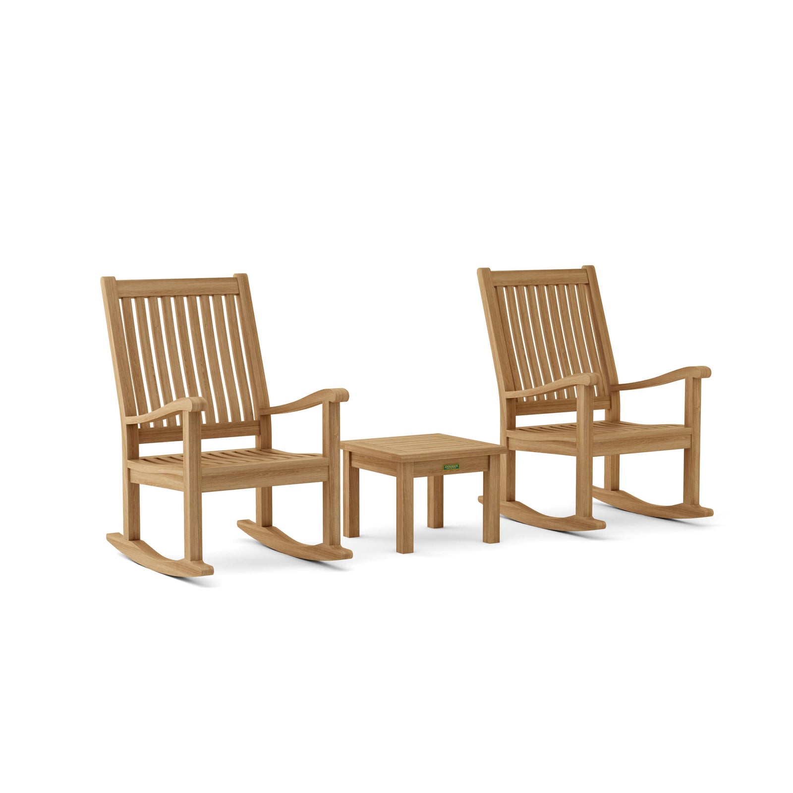 Two wooden rocking chairs with a matching table on a white background