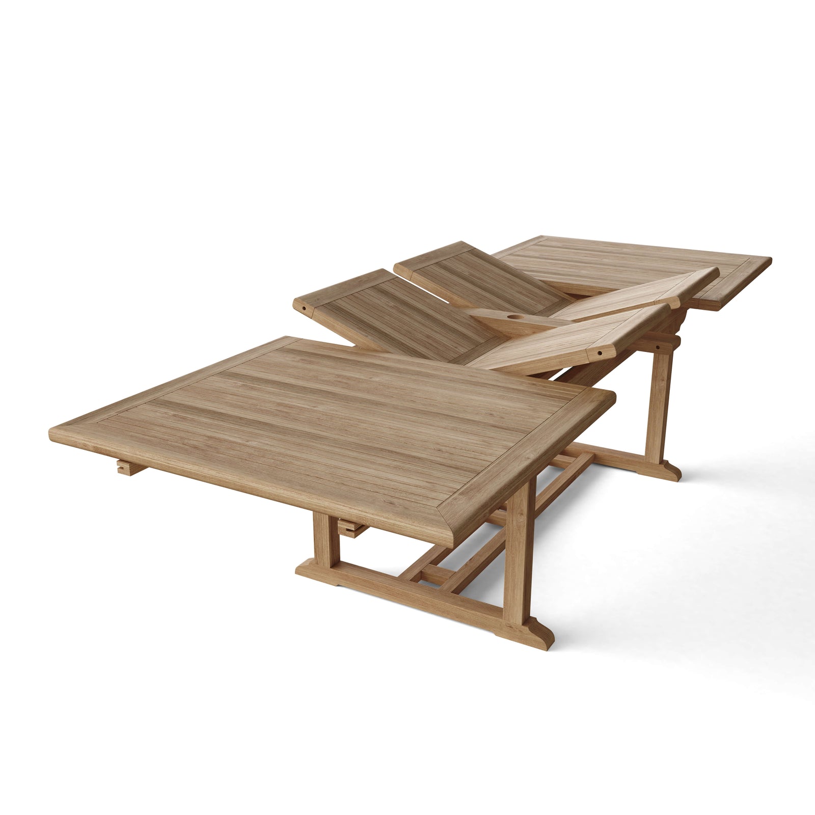 Wooden outdoor table with two extensions on a white background