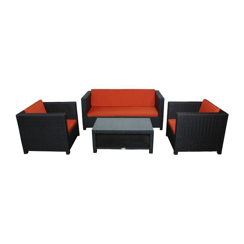 Outdoor furniture set with black frames and orange cushions on a white background
