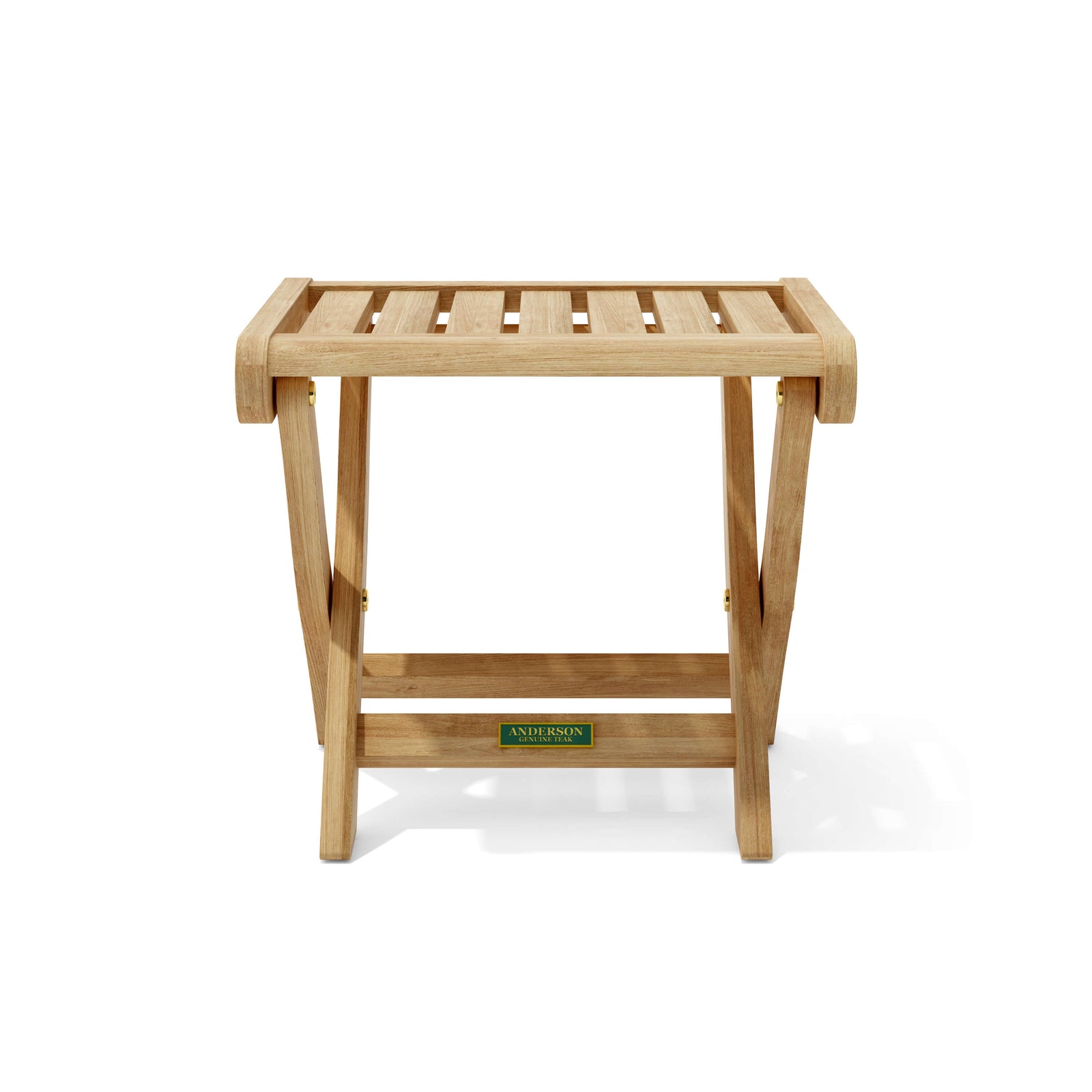 Wooden stool with a visible brand label on a white background