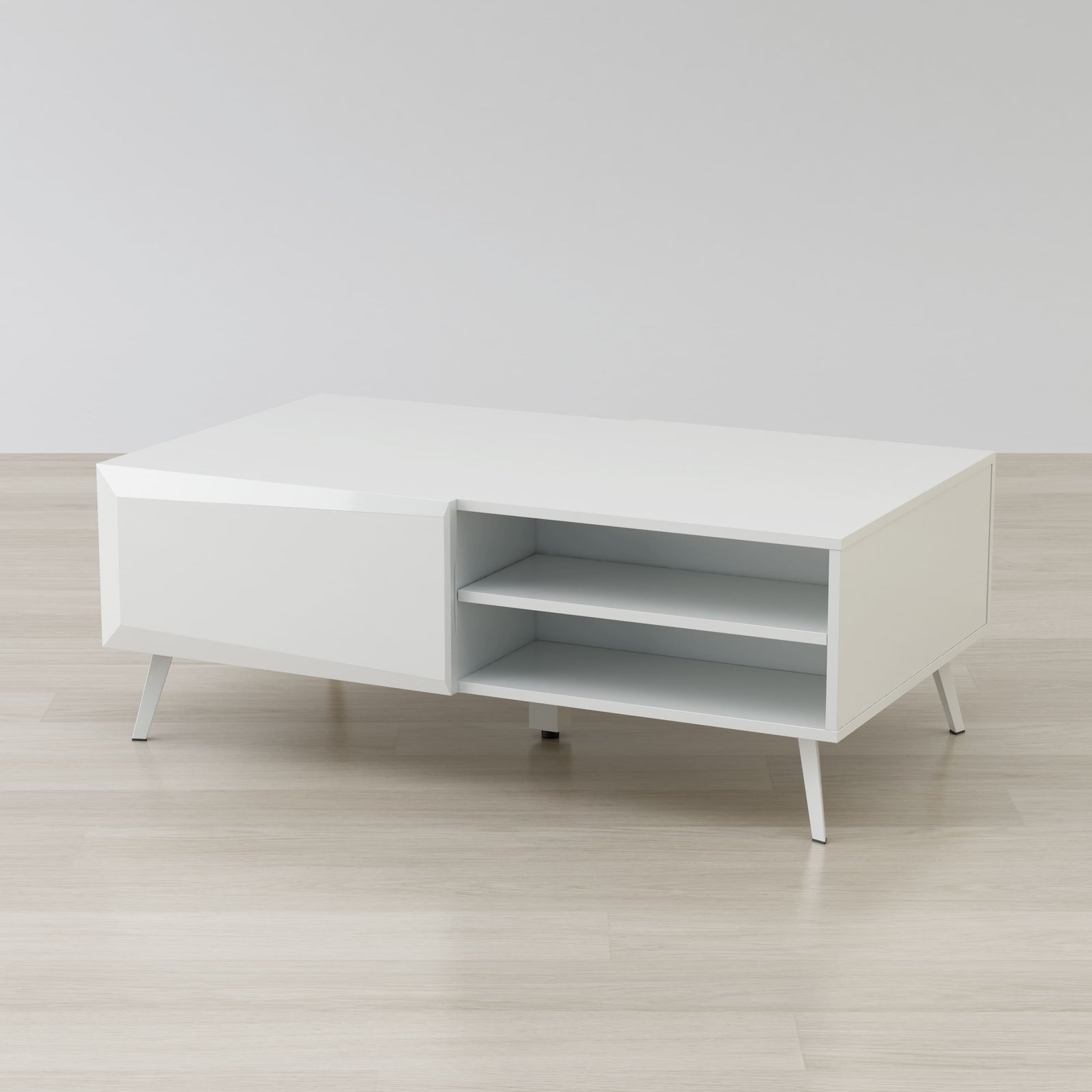 White entertainment console with shelves on a light wooden floor and white wall background