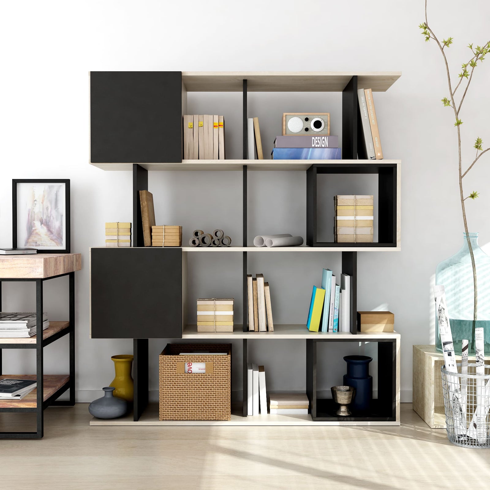 Modern bookshelf with books and decorative items against a white wall