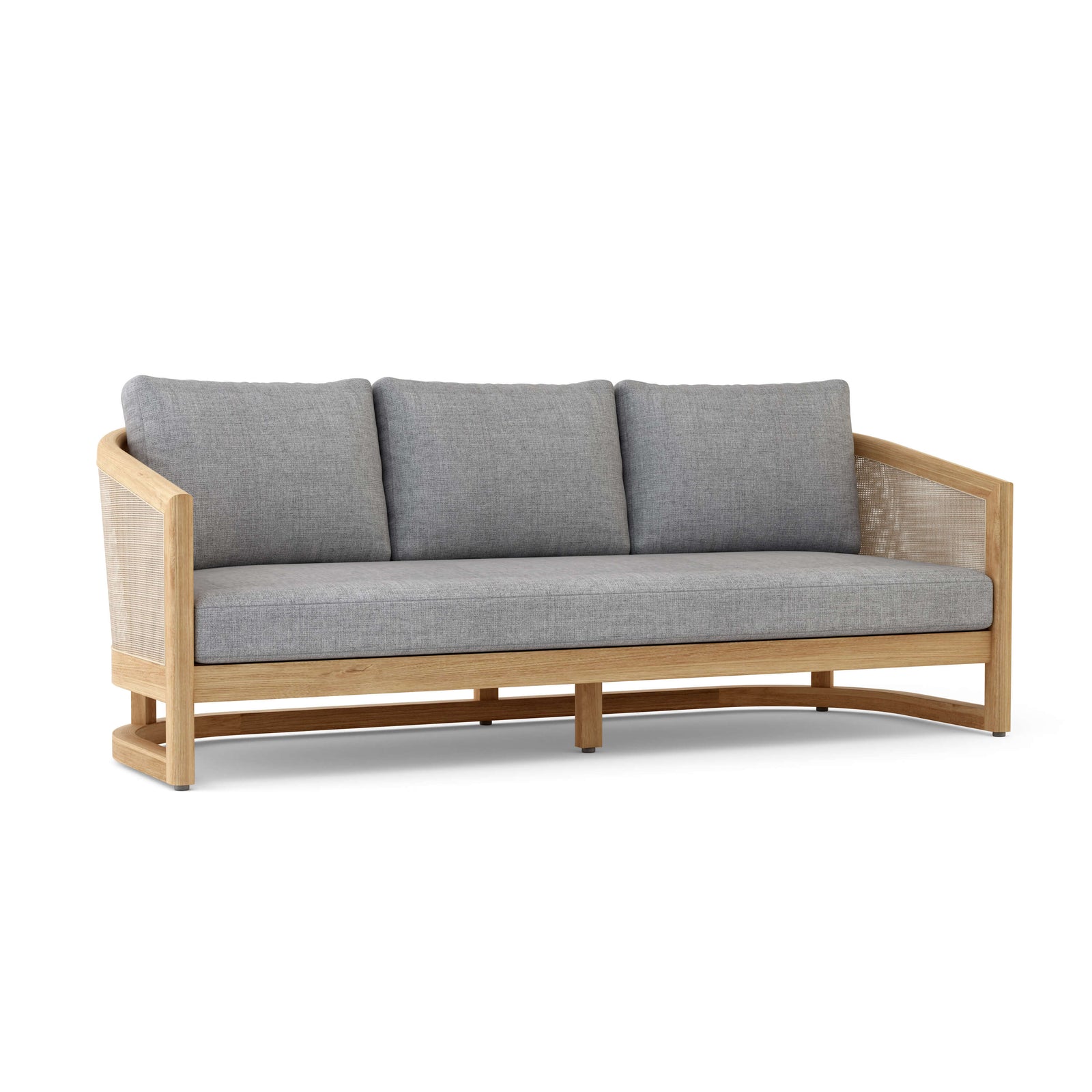 Gray cushioned sofa with wooden frame on a white background