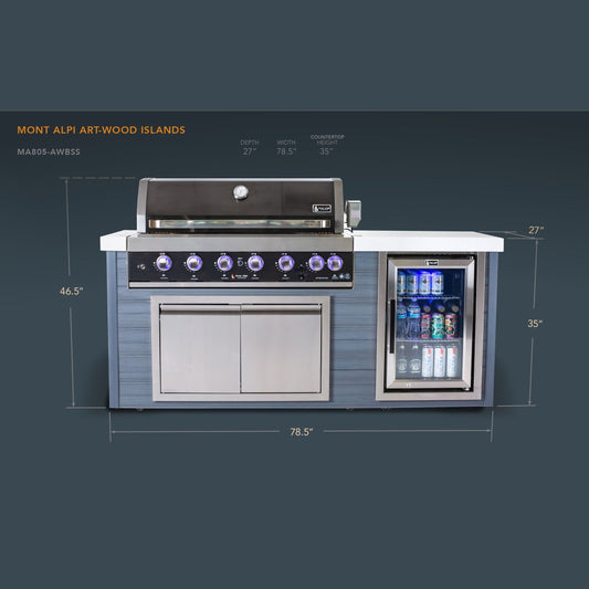 Mont Alpi MA805-AWBSS artwood island black stainless angle view with fridge and LED knobs