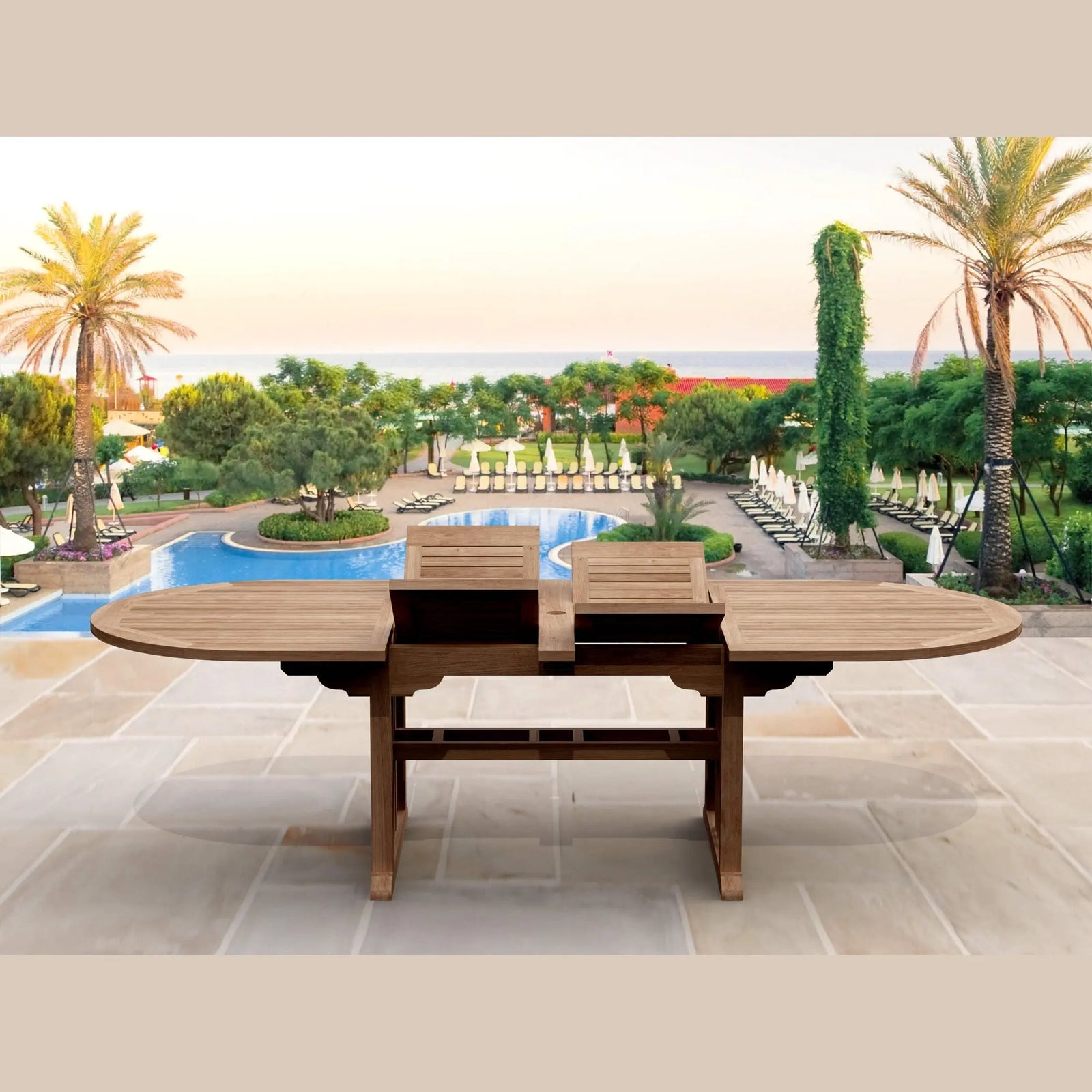Wooden outdoor dining table with chairs in a luxurious garden setting with palm trees and a pool.