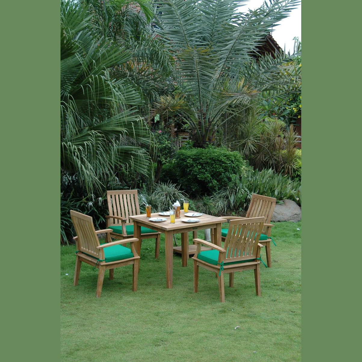 Outdoor dining set with wooden chairs and table in a garden setting
