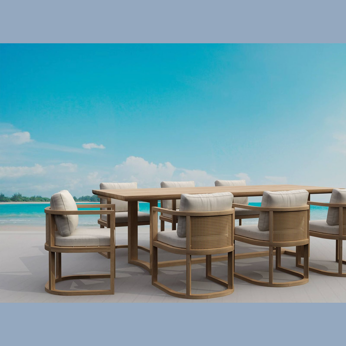 Outdoor dining set with wooden chairs and table by a turquoise body of water.