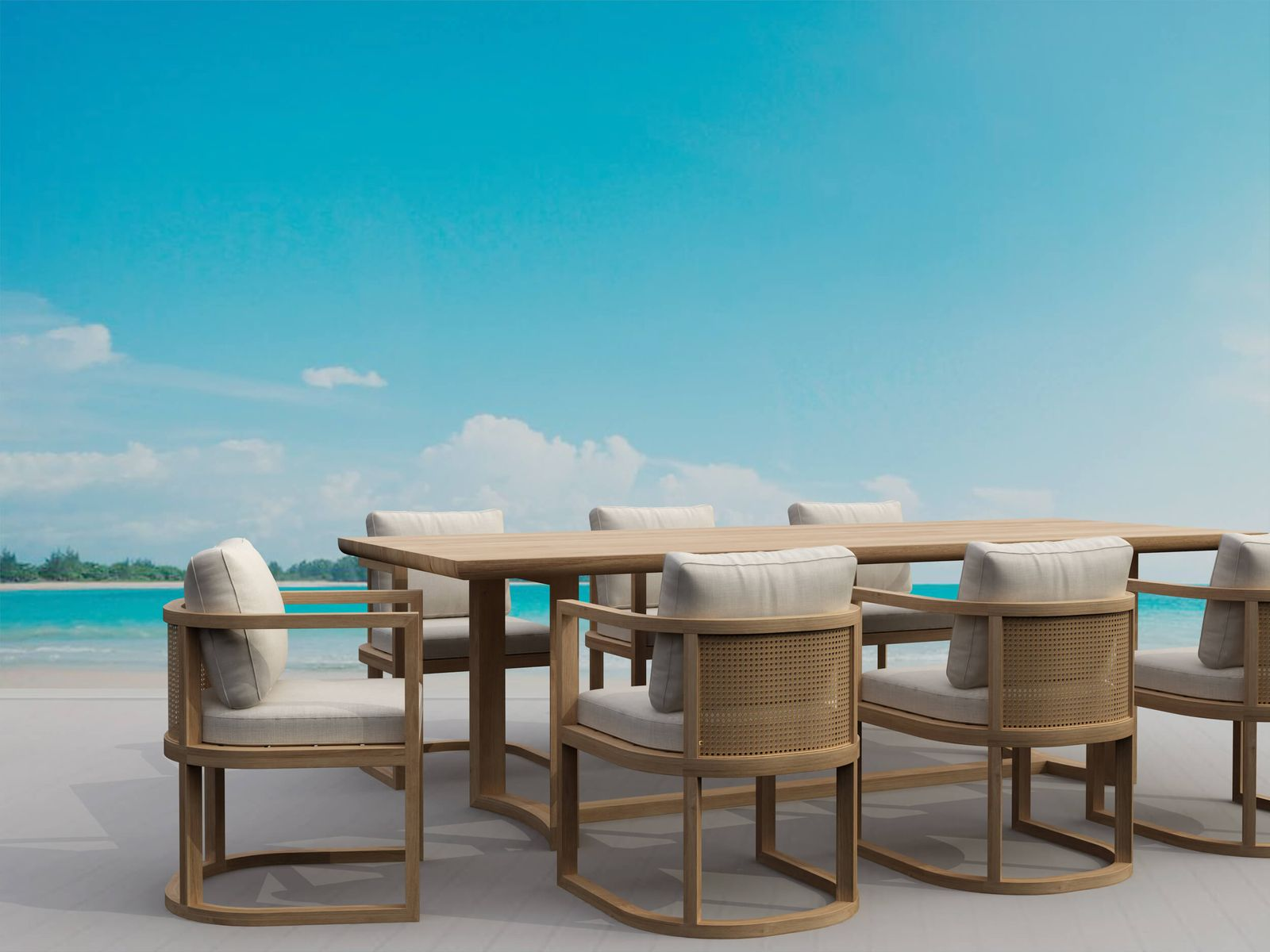Outdoor dining set with wooden chairs and table by a turquoise body of water.