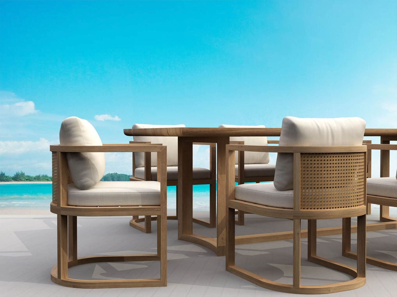Outdoor furniture set with wooden chairs and table against a clear blue sky.
