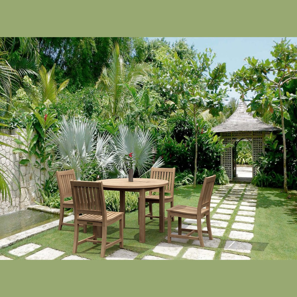 Wooden outdoor dining set with chairs and a table in a lush garden setting.
