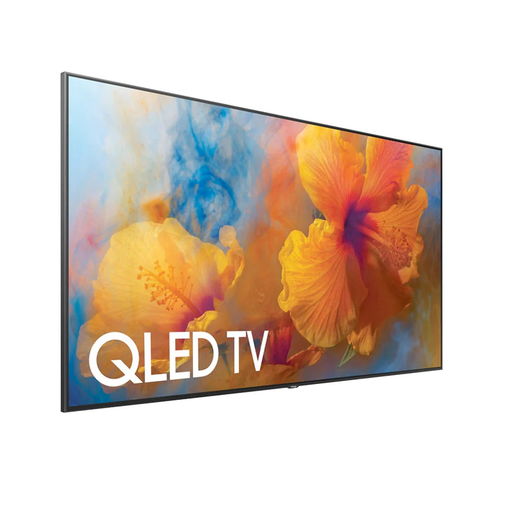 QLED TV displaying colorful floral design on a white background