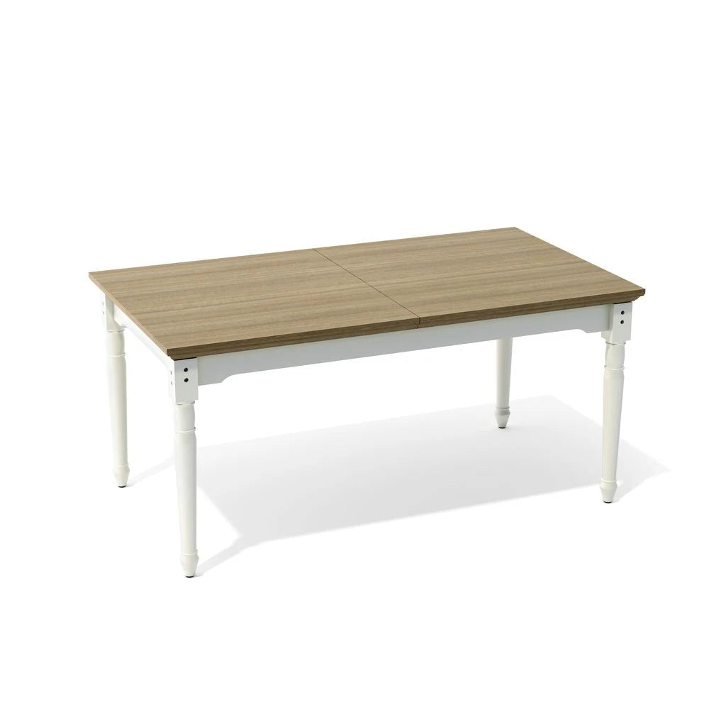 Wooden table with white legs on a white background