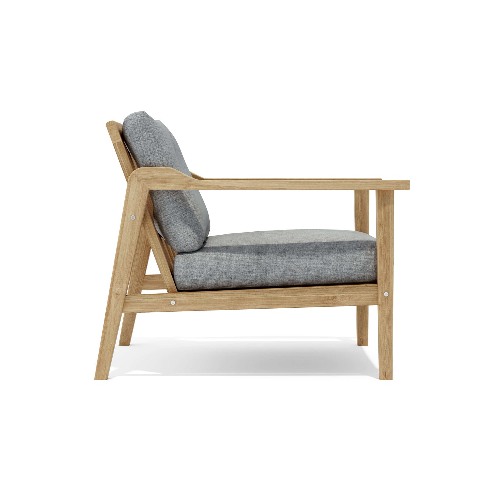 Wooden armchair with gray cushions on a white background
