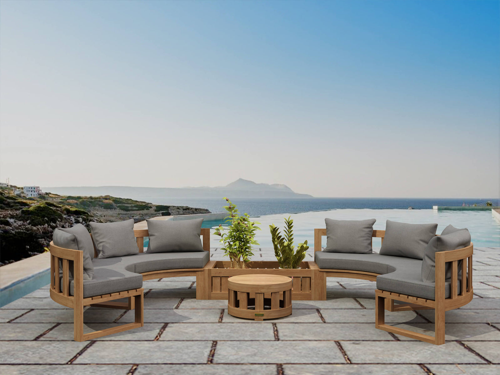 Outdoor patio furniture set with ocean view