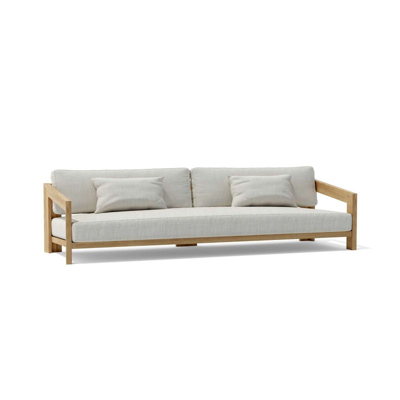 Sofa with wooden frame and light gray cushions on a white background
