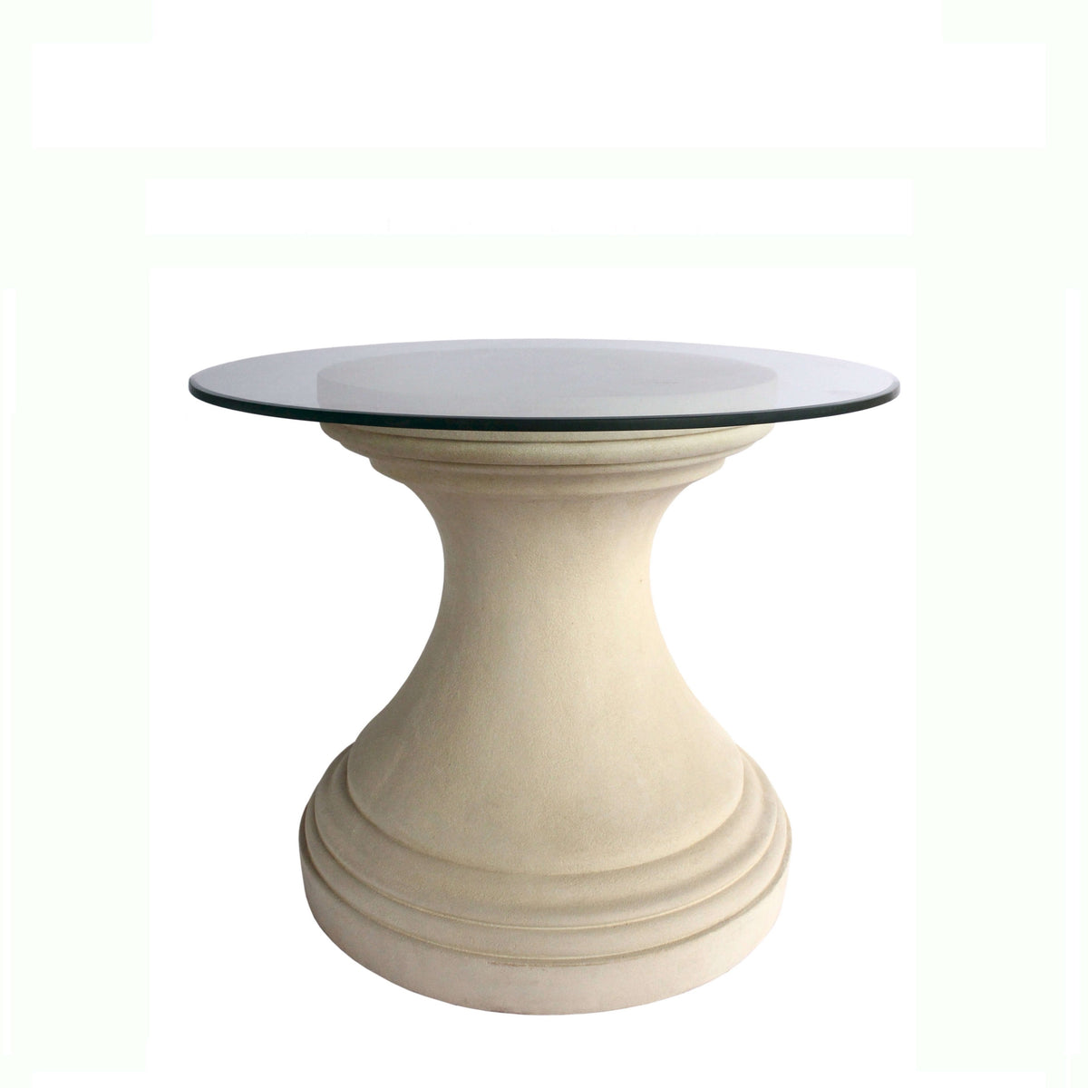 Round glass-top table with a beige pedestal base on a white background