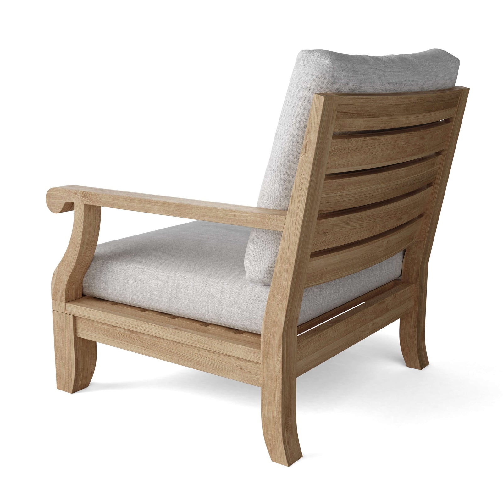 Wooden armchair with white cushions on a white background