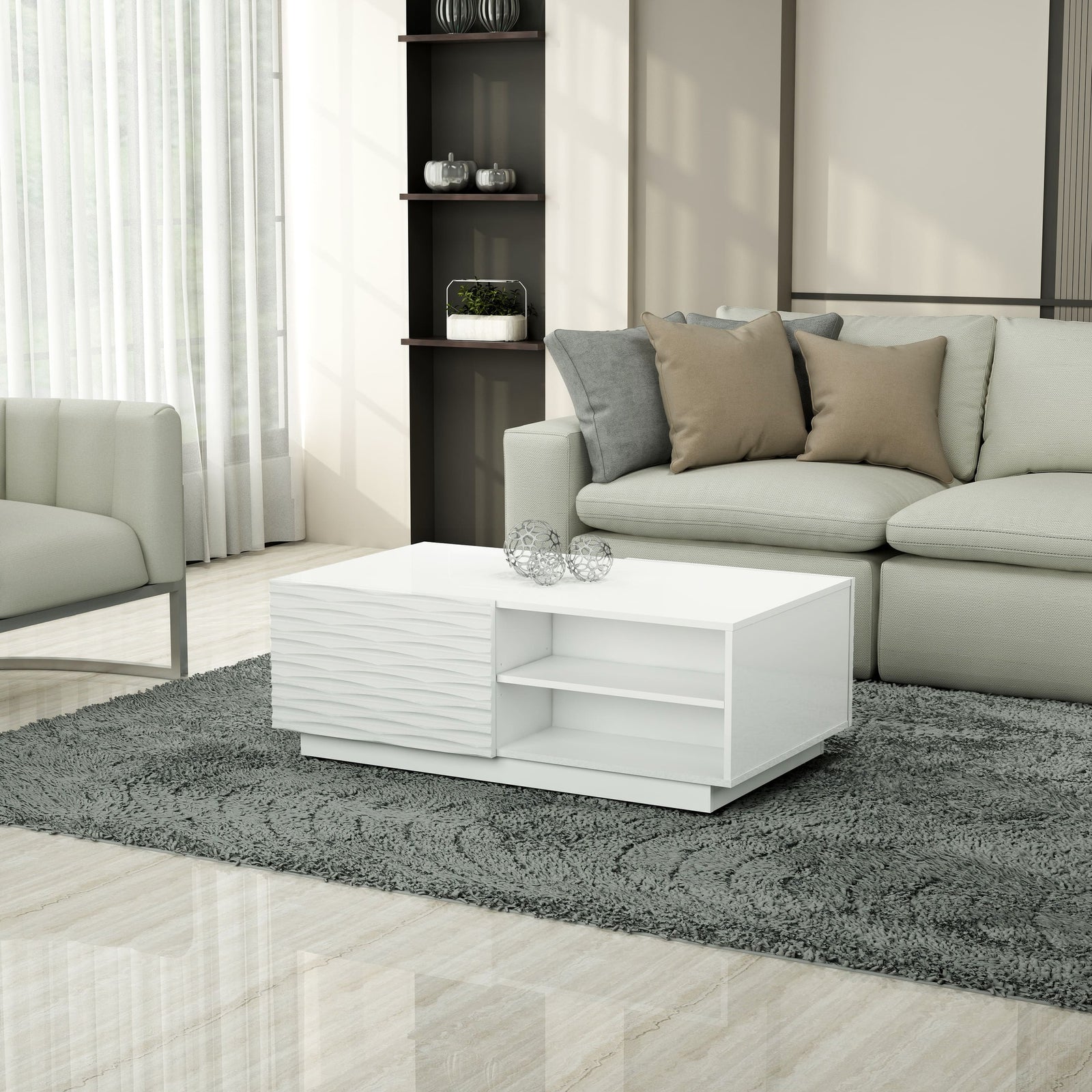 Modern living room with a white coffee table, gray sofa, and decorative items.