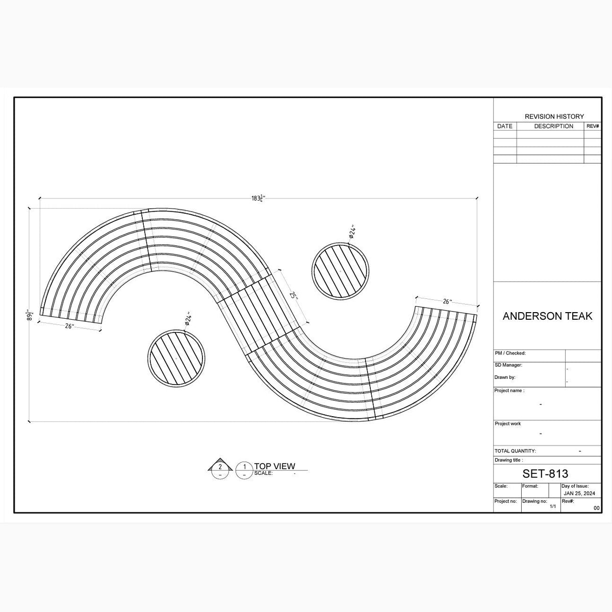 Technical drawing of a curved piece of furniture with dimensions and labels on a white background.