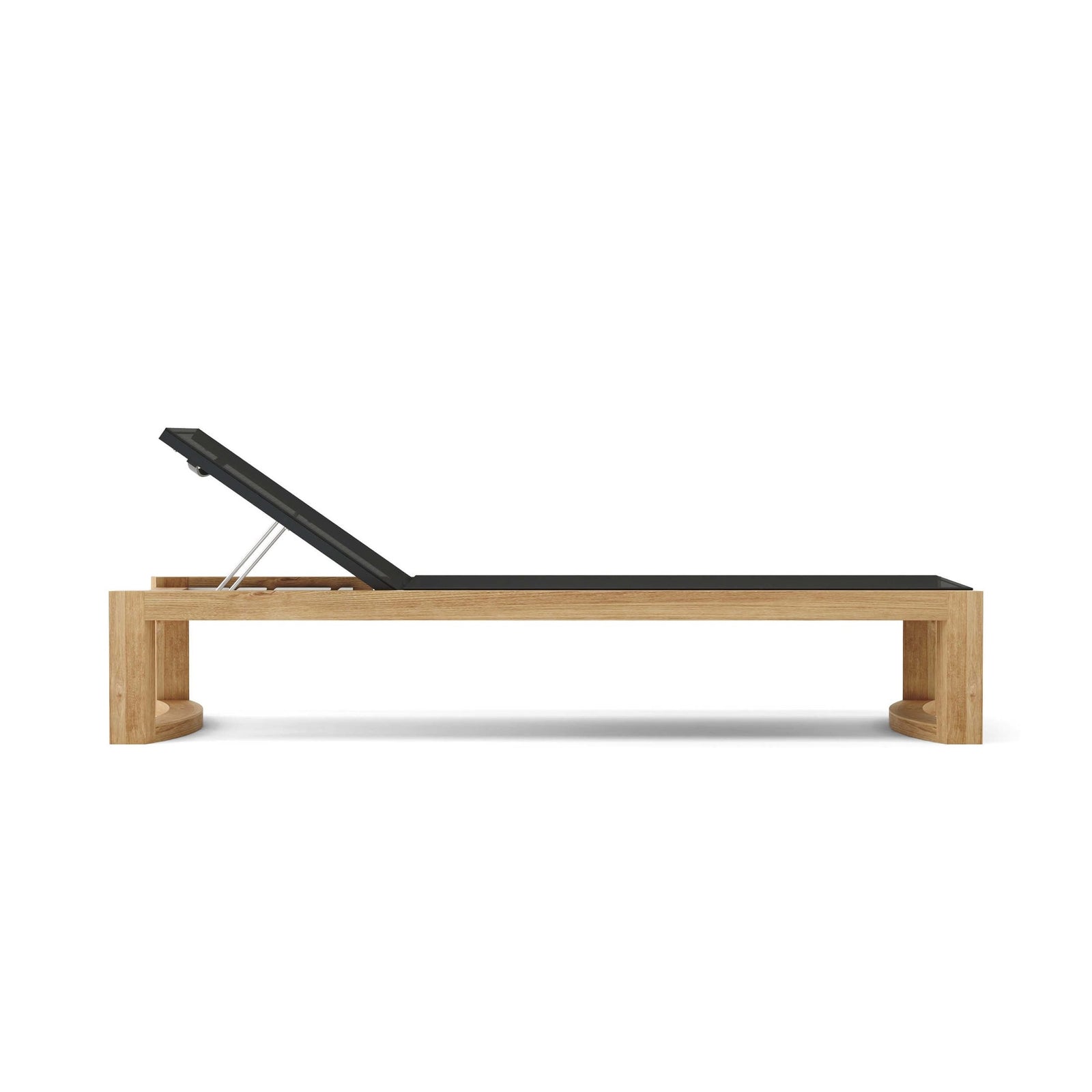 Wooden sun lounger with black cushion on a white background