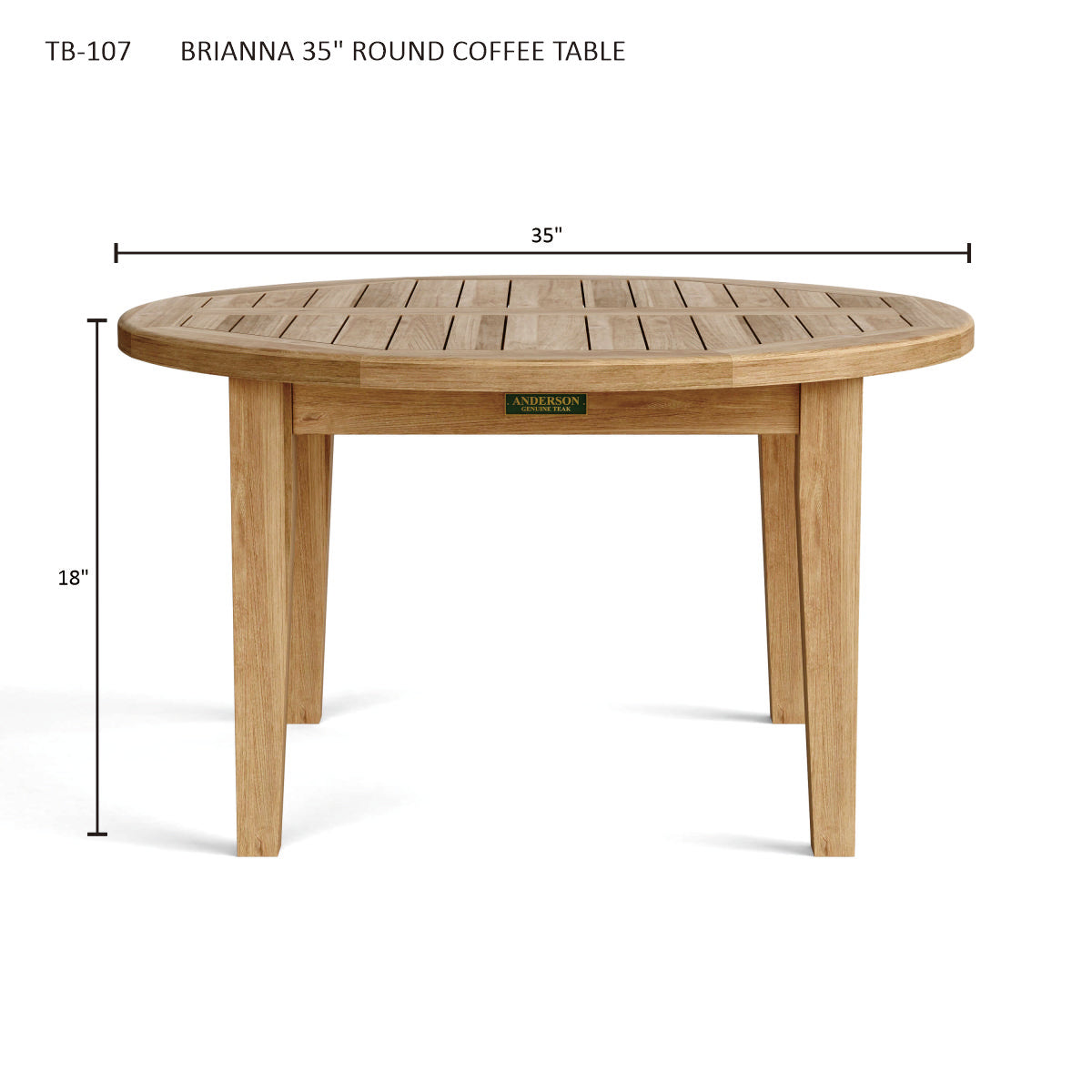 Wooden round coffee table with dimensions on a white background