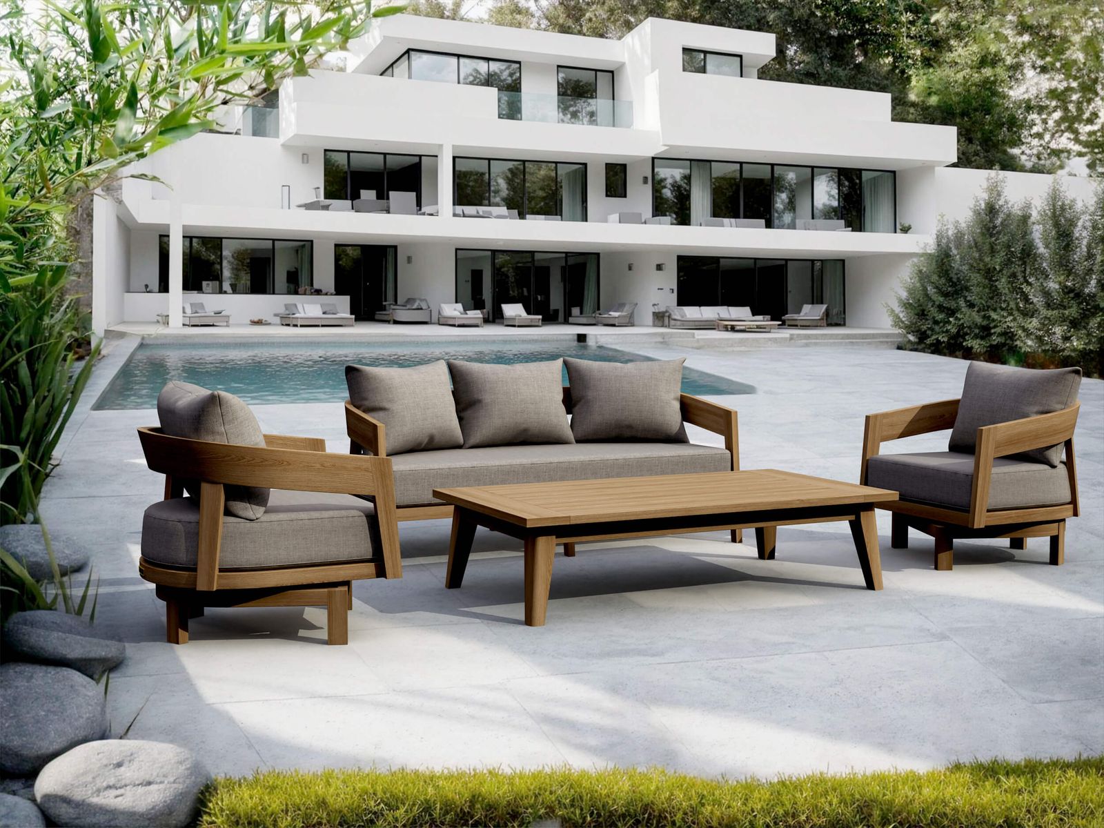 Outdoor patio set with wooden furniture in front of a modern house.