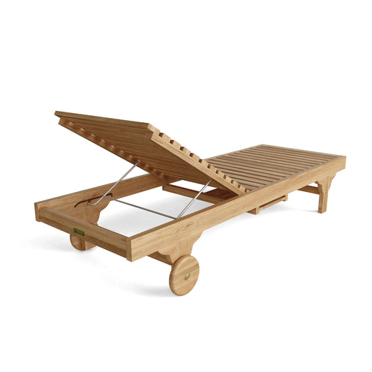 Wooden outdoor lounge chair with wheels on a white background
