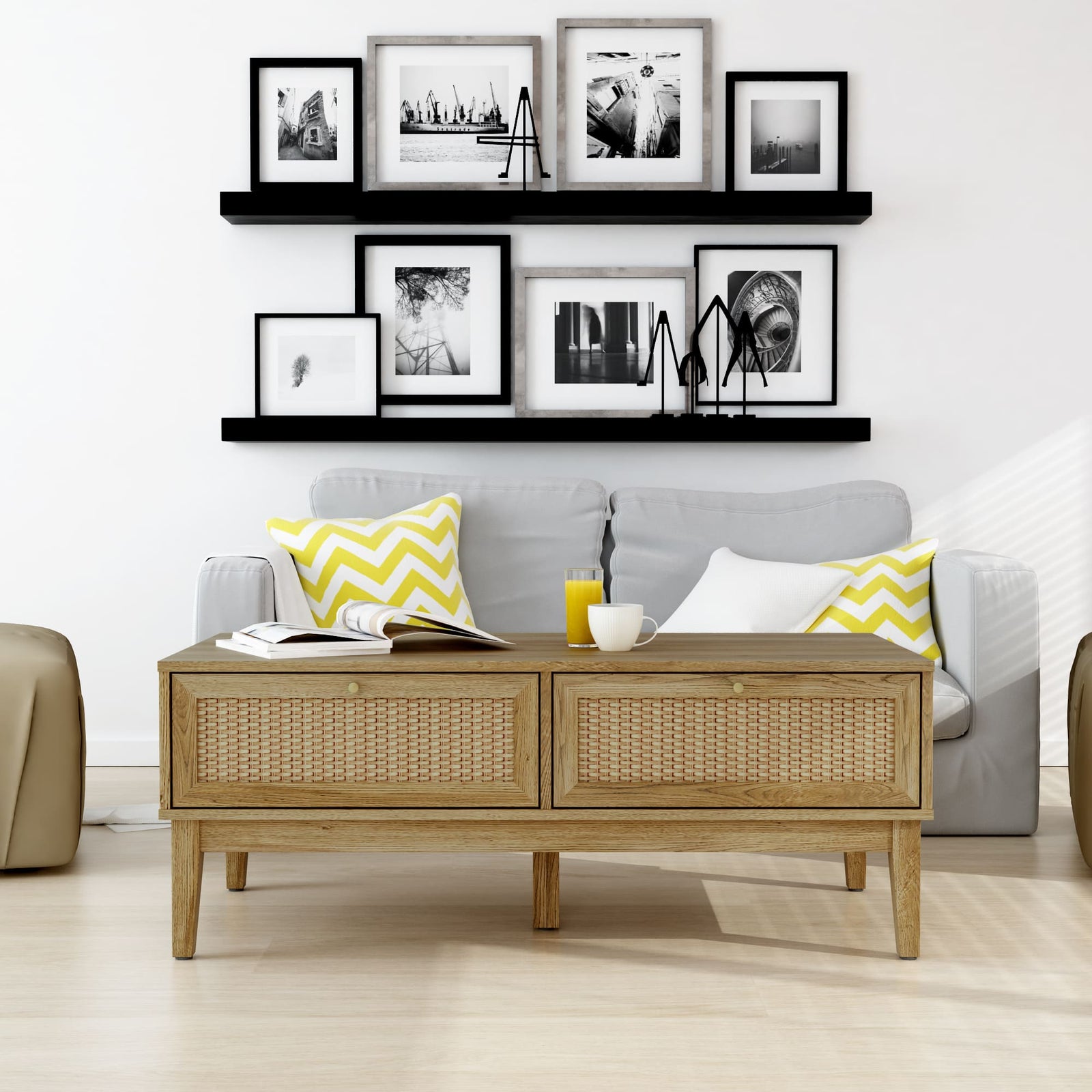 Living room with a gray sofa, wooden coffee table, and wall art.