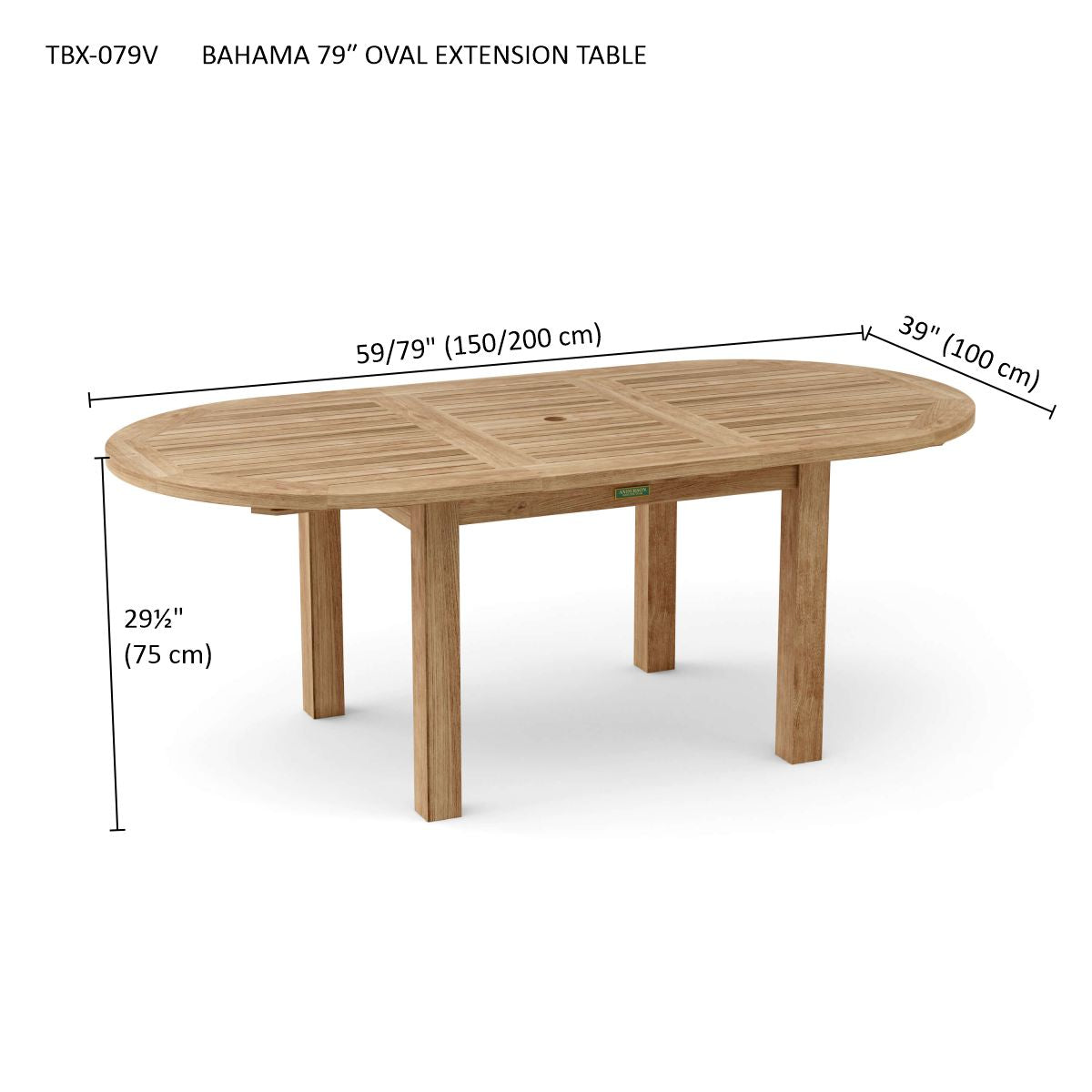 Wooden oval extension table with dimensions on a white background