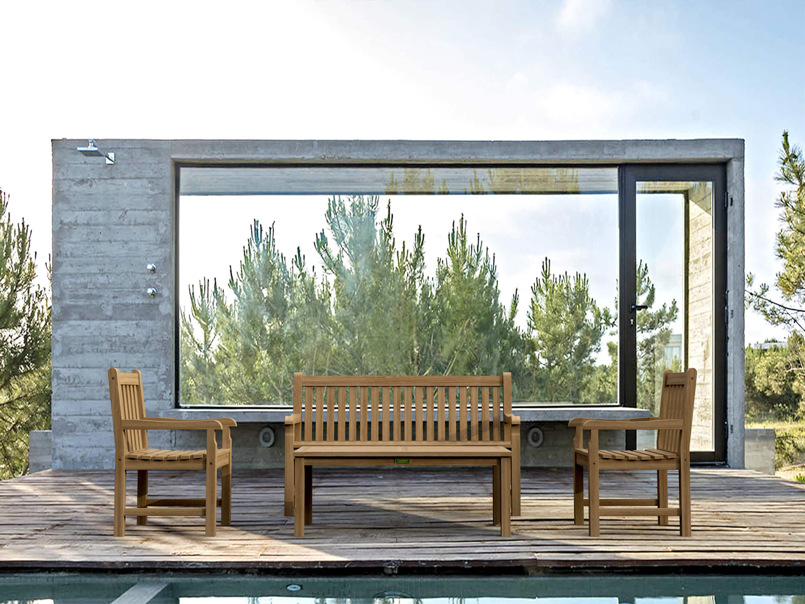Wooden outdoor furniture set on a deck with a modern building and trees in the background