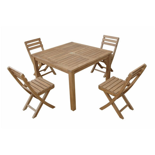 Wooden outdoor table with four matching chairs on a white background