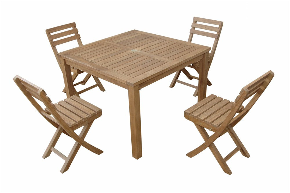 Wooden outdoor table with four matching chairs on a white background