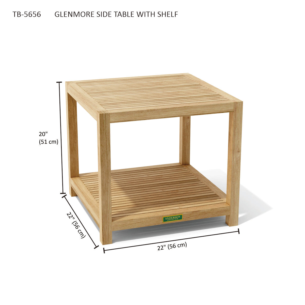 Wooden side table with shelf and dimensions on a white background